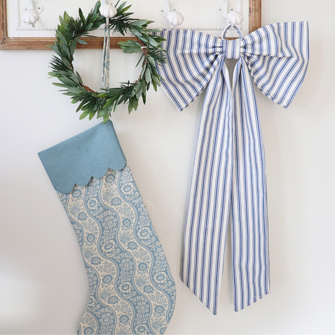 Christmas Bow/ Wreath Bow Blue Ticking stripe