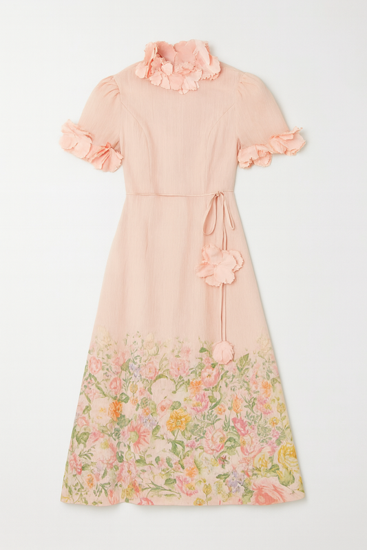 3D Floral High Neck Short sleeve Midi Dress