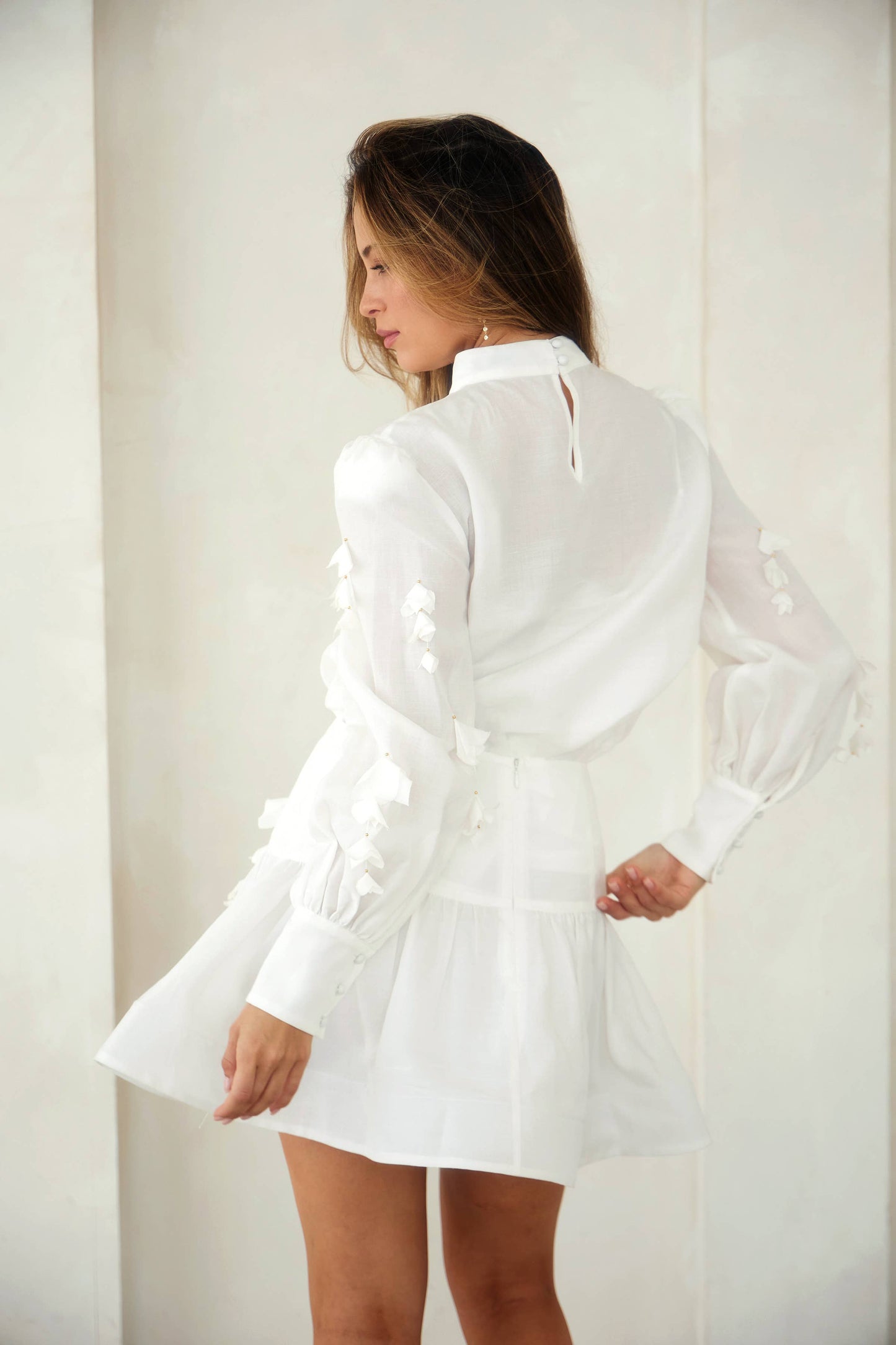 Mock Neck Floral Trim Blouse