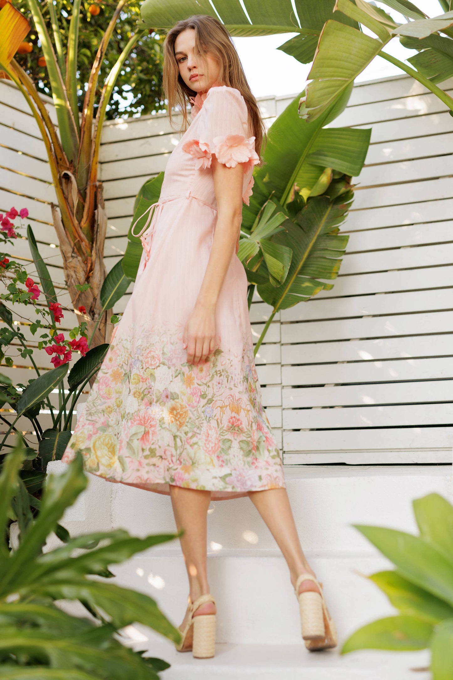 3D Floral High Neck Short sleeve Midi Dress