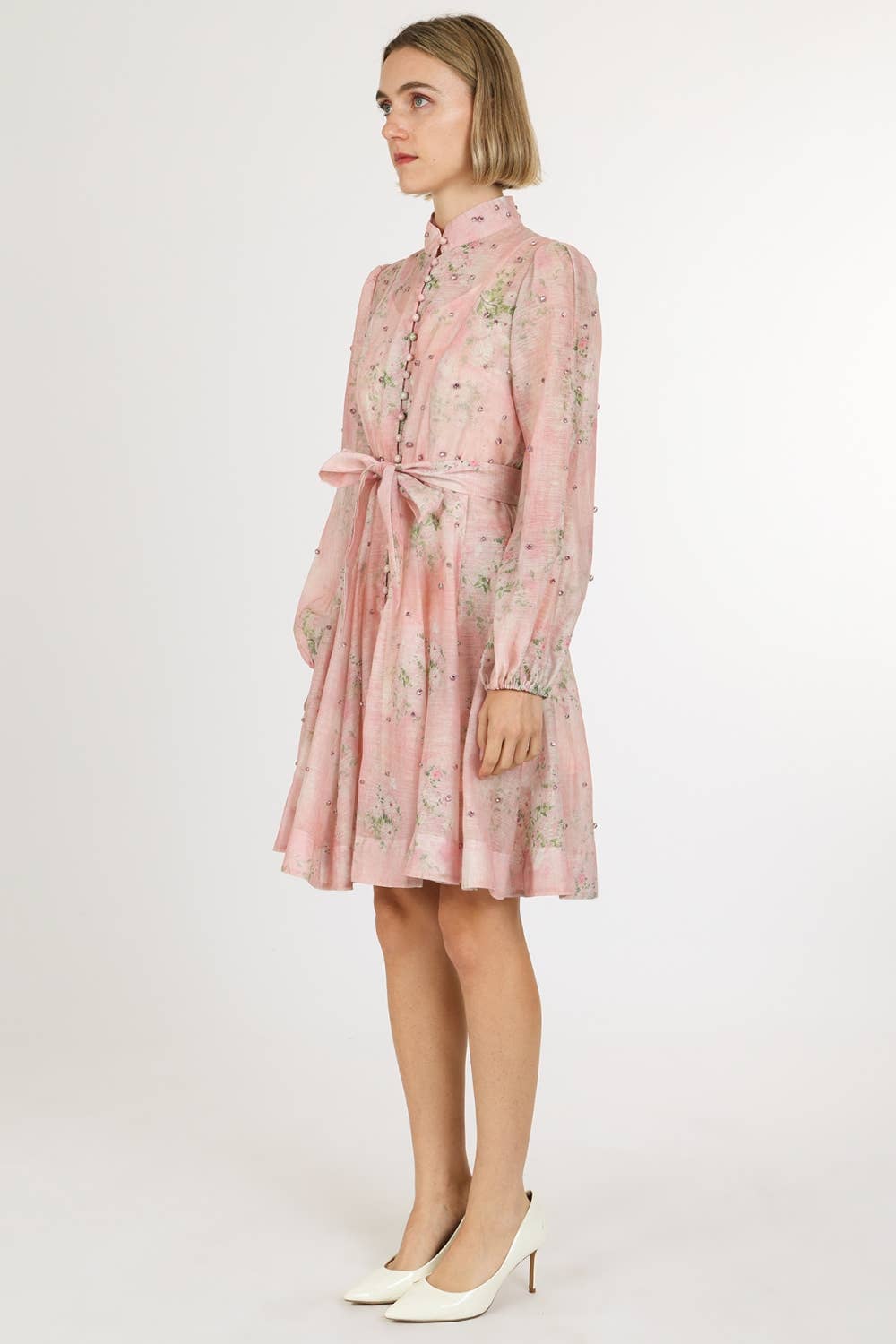 Floral Print Embellished A-Line Dress