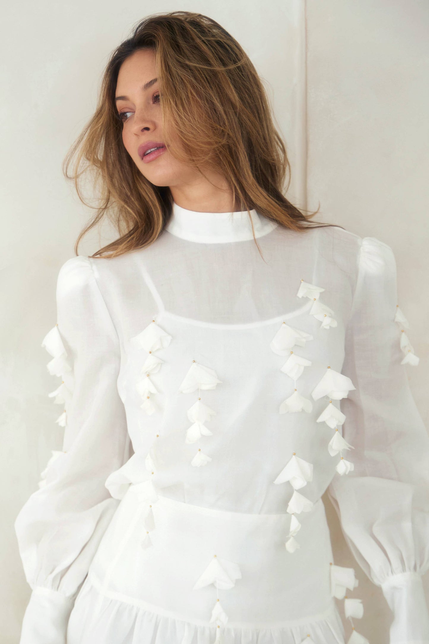 Mock Neck Floral Trim Blouse