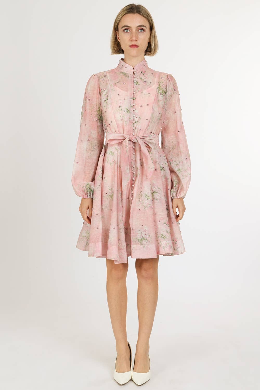 Floral Print Embellished A-Line Dress
