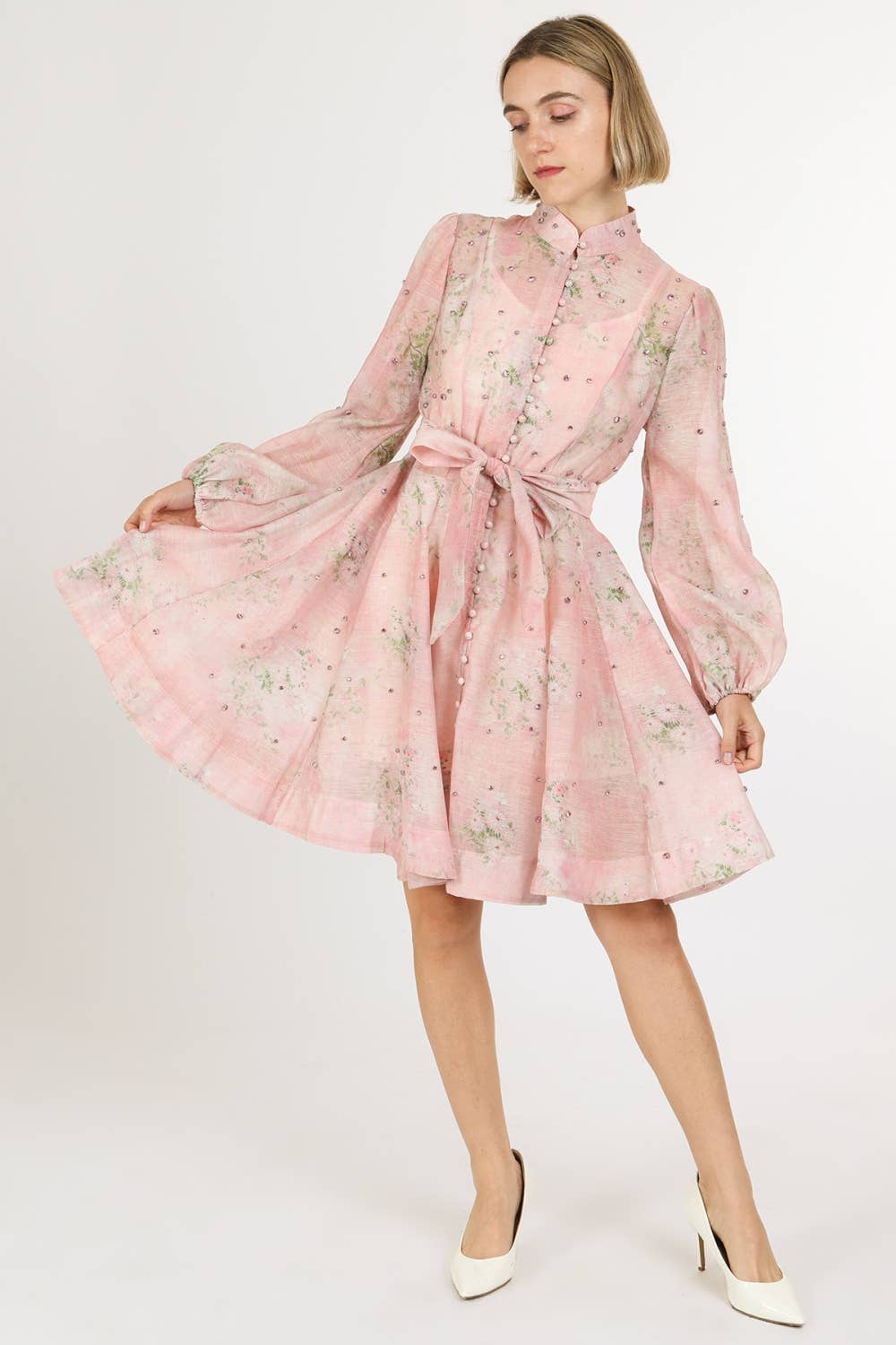 Floral Print Embellished A-Line Dress