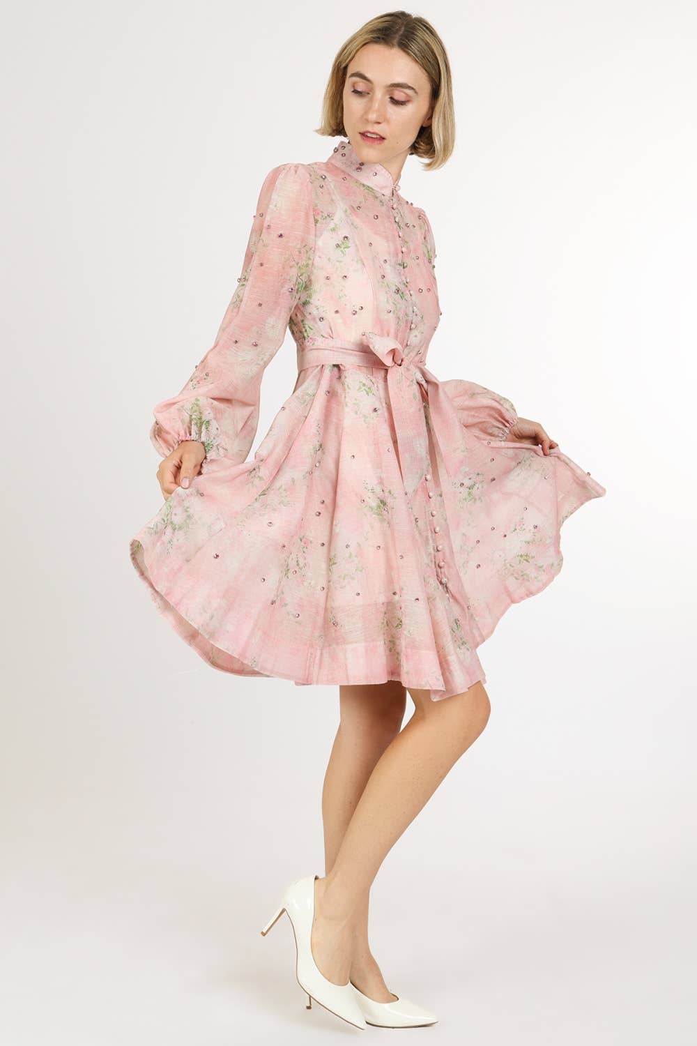 Floral Print Embellished A-Line Dress