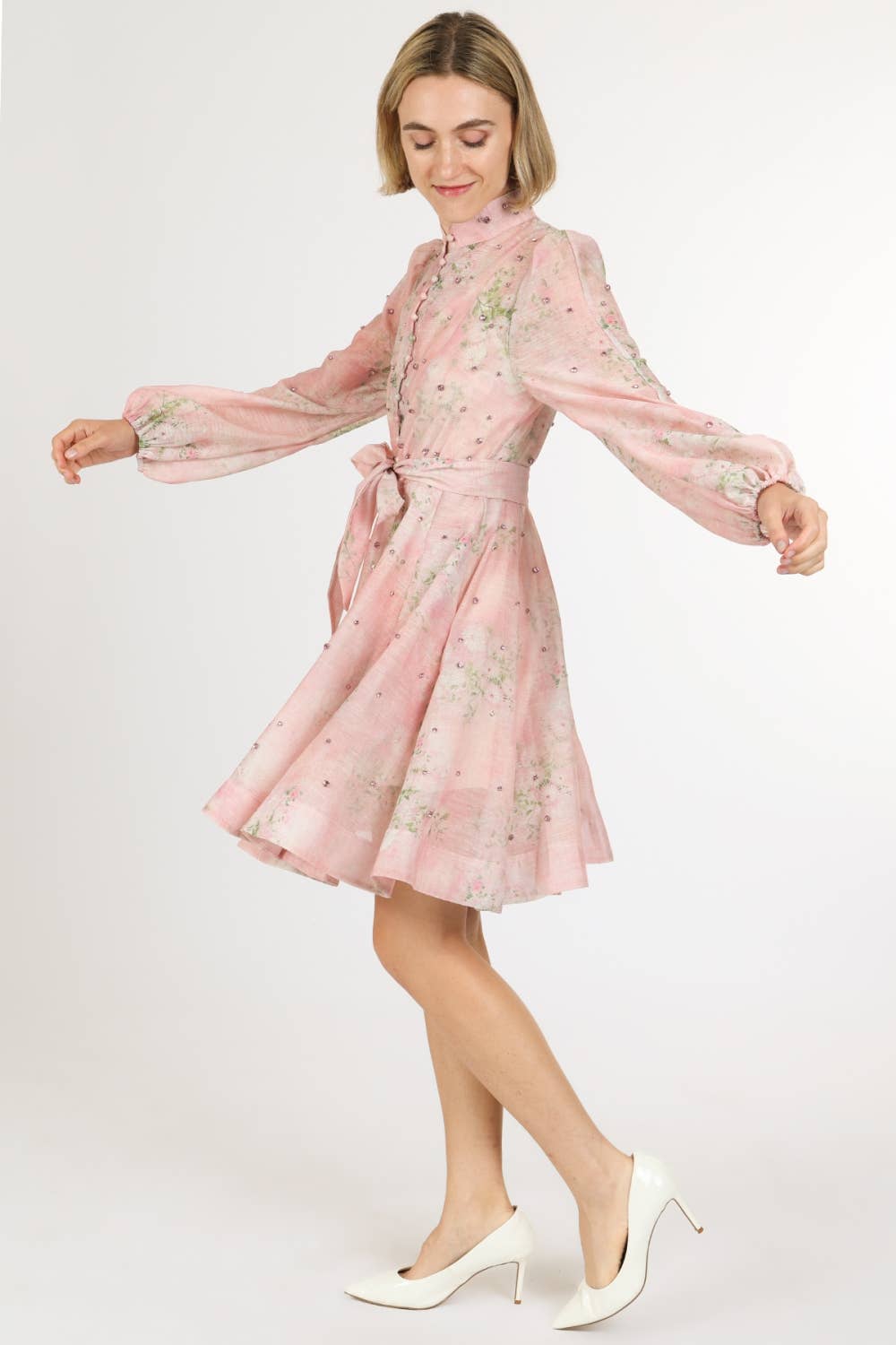 Floral Print Embellished A-Line Dress