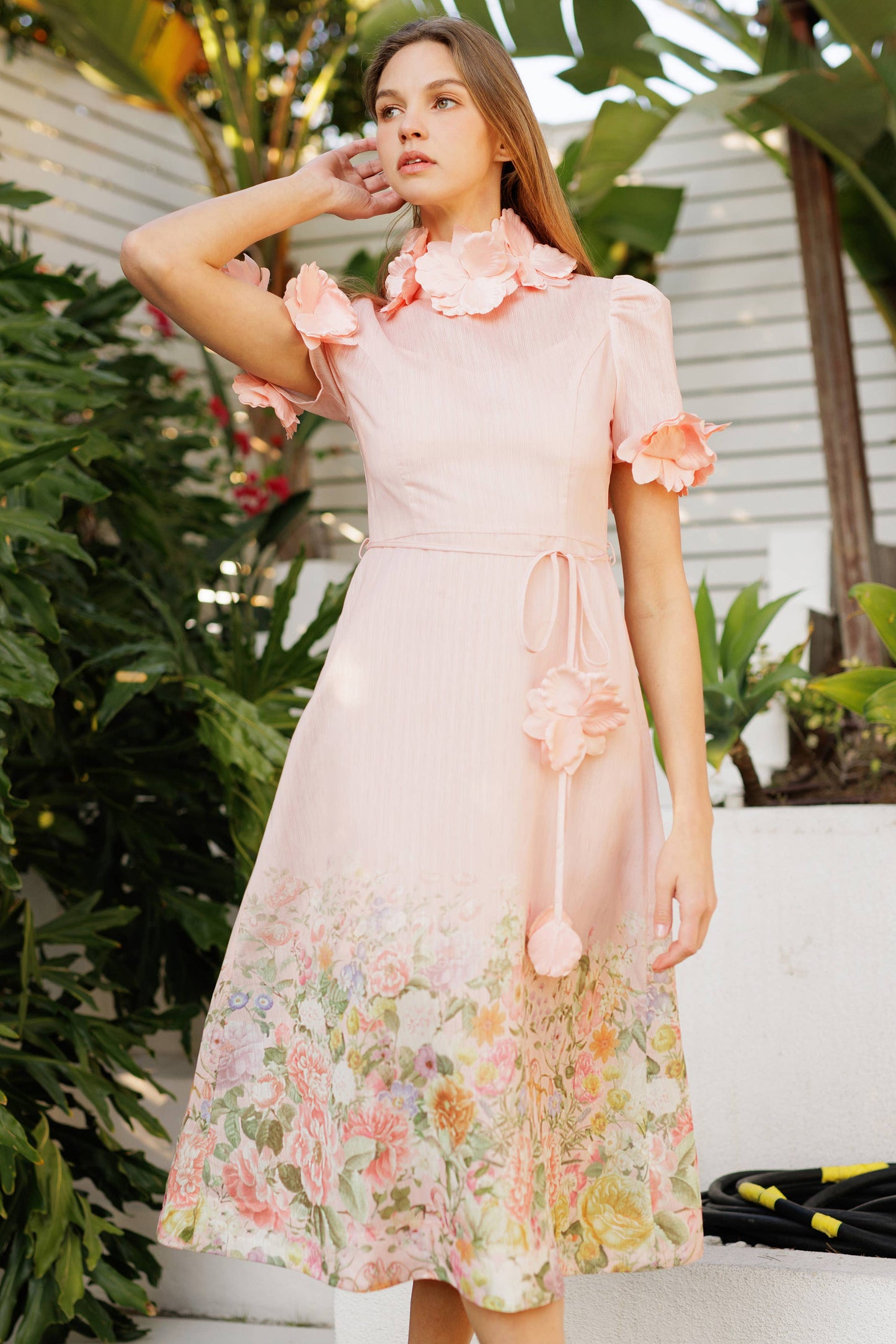 3D Floral High Neck Short sleeve Midi Dress